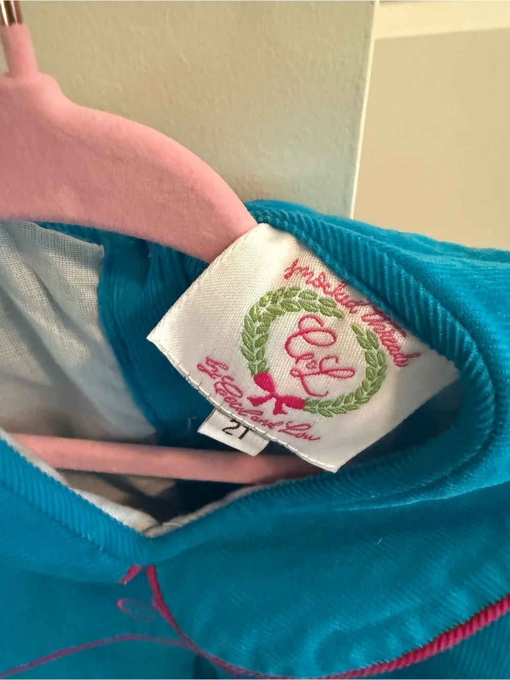 Bright Teal Girls Dress with Pink Piping and W Monogram